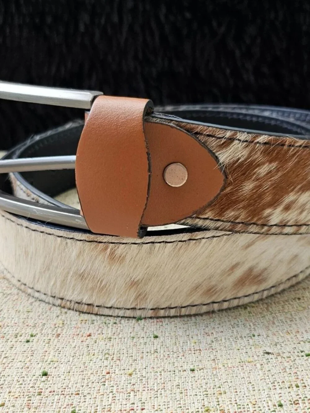 Handmade Belt Real Fur Brown/White Hair Waistband Pin Buckle Unisex Handmade